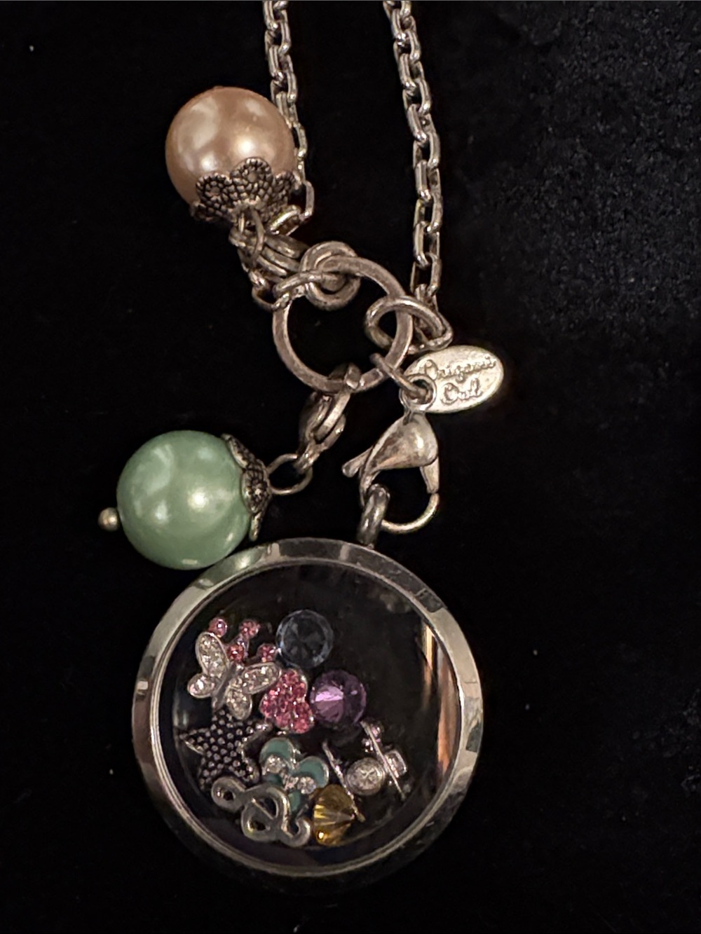 Origami Owl Silver Floating Locket Necklace with Pink, Green & Cream Accents